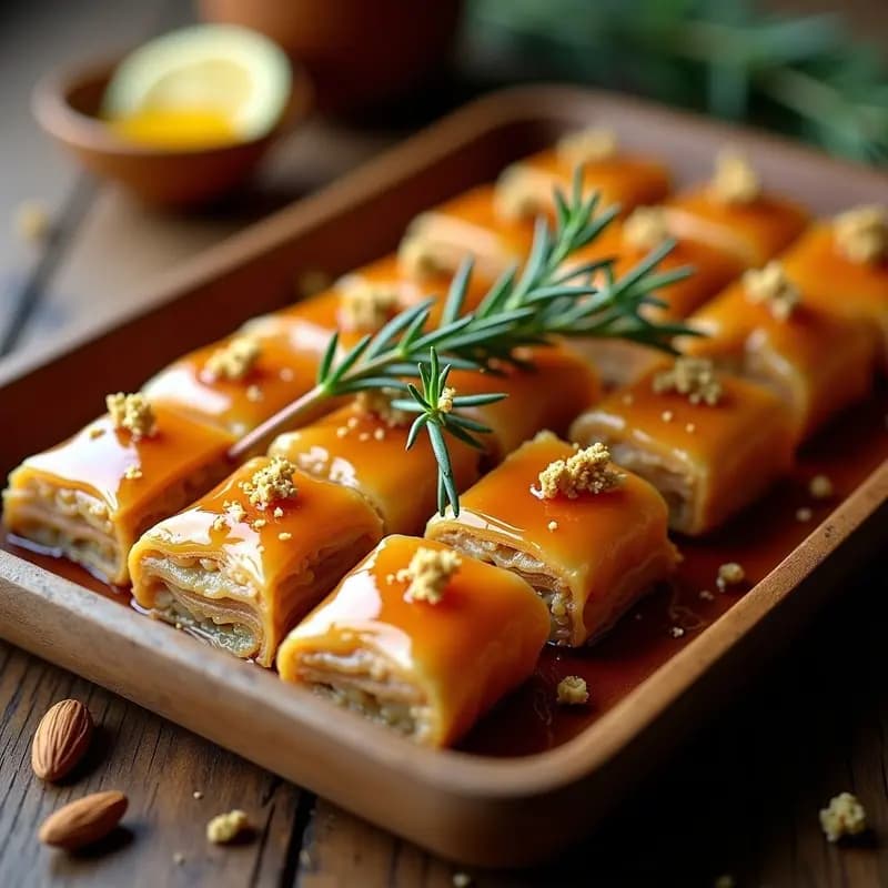 Bandeja de Baklava de Alicante con miel de cañamiel y almendras, cortado en rombos dorados, con hojas de oblea crujientes, almendras picadas y decorado con romero fresco y azahar sobre fondo rústico de madera.
