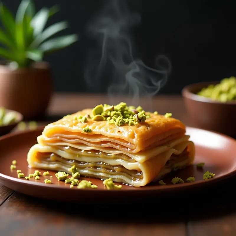 Baklava de Nueva York con capas doradas de masa filo, chocolate blanco derretido y pistachos tostados, servido en bandeja de cobre con detalles de sirope brillante.