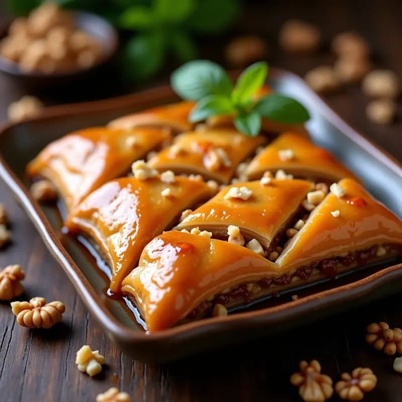 Bandeja de baklava vegano cortado en rombos dorados, con capas de masa filo crujiente, relleno de dátiles y nueces, bañado en sirope de arce y decorado con semillas de sésamo y nuez moscada. Receta turca de postre saludable.