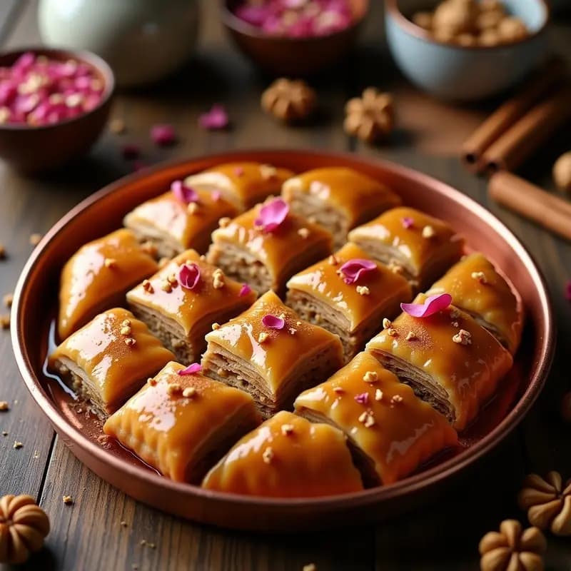 Baklava turco en capas perfectas con nueces y canela, bañado en almíbar de rosa, servido en bandeja de cobre con pétalos de rosa y canela espolvoreada.