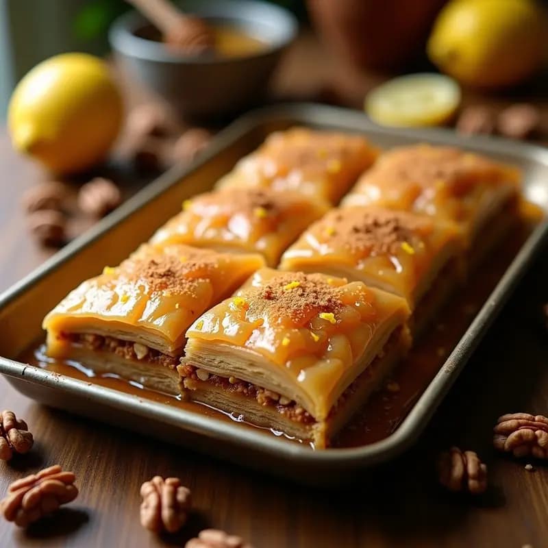 Bandeja de baklava turco tradicional con capas doradas de masa filo, relleno de nueces y canela, bañado en almíbar de miel y limón, cortado en diamantes y espolvoreado con canela.