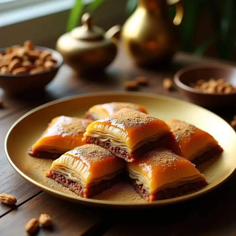 Bandeja dorada con porciones de baklava de nueces y cardamomo apiladas, mostrando capas crujientes de masa phyllo, rellenas de nueces tostadas y bañadas en jarabe brillante de azúcar moreno y agua de rosas. Postre turco tradicional con toque especiado.