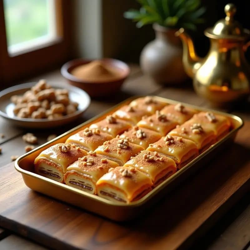 Bandeja dorada con baklava de nueces y miel de Floyd cortado en diamantes, capas crujientes de masa yogur turca bañadas en almíbar oscuro, espolvoreado con canela y trozos de nuez tostada.