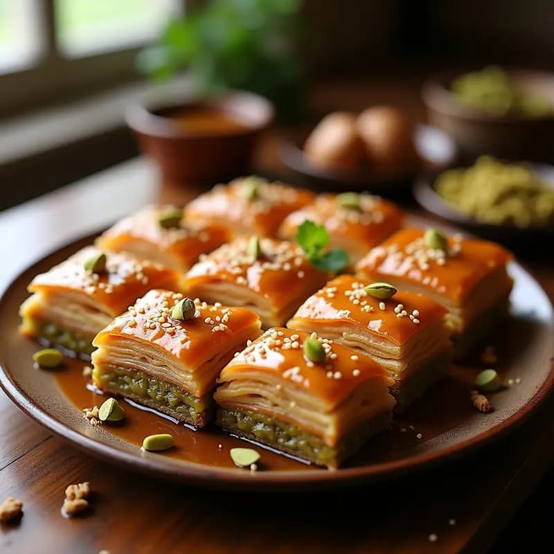 Baklava árabe dorado en molde rectangular, con capas crujientes de masa filo, relleno de nueces y pistacho, bañado en sirope de miel y canela, espolvoreado con semillas de sésamo. Postre tradicional con textura brillante y trozos en forma de diamante.