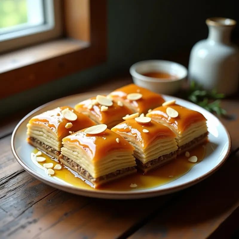 Baklava griego dorado en airfryer, con capas crujientes de masa filo, relleno de nueces y bañado en miel de tomillo, decorado con almendras fileteadas.
