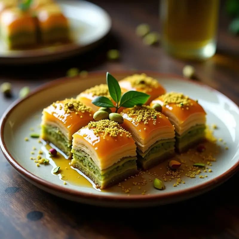 Baklava griego en forma de rombo con capas doradas de filo, relleno de pistacho picado y decorado con hojas de dafne y pétalos de rosa. Postre sin azúcar con sirope brillante y toques florales.