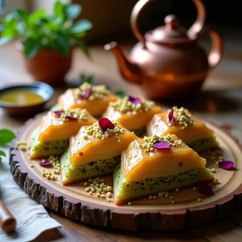 Bakava armenia sin harina cortada en diamantes, con capas visibles de pistacho molido, almendras fileteadas y coco rallado, bañada en miel de agave dorada y decorada con pétalos de rosa.