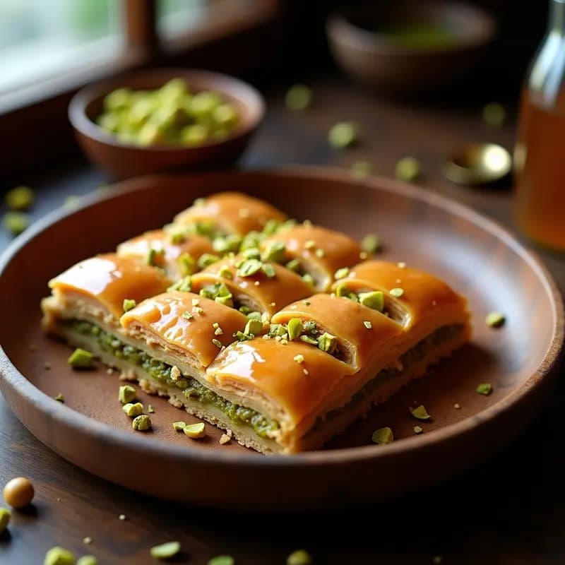 Bandeja de baklava turco sin azúcar refinada con capas doradas y crujientes de hojaldre integral, relleno de pistachos picados y bañado en almíbar de miel de dátil. Decorado con pistachos enteros y un hilo de agua de rosas sobre fondo rústico de madera.