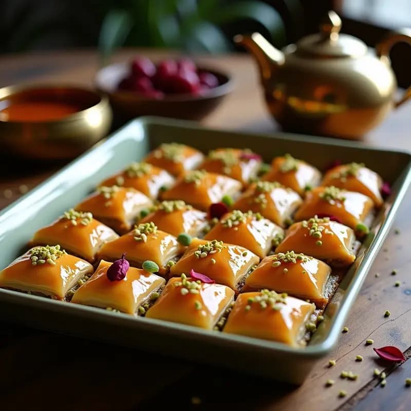 Baklava turca sin azúcar refinado en molde rectangular, cortada en diamantes dorados, con capas de hojaldre crujiente, pistachos triturados y almíbar de miel de dátiles brillando bajo la luz.