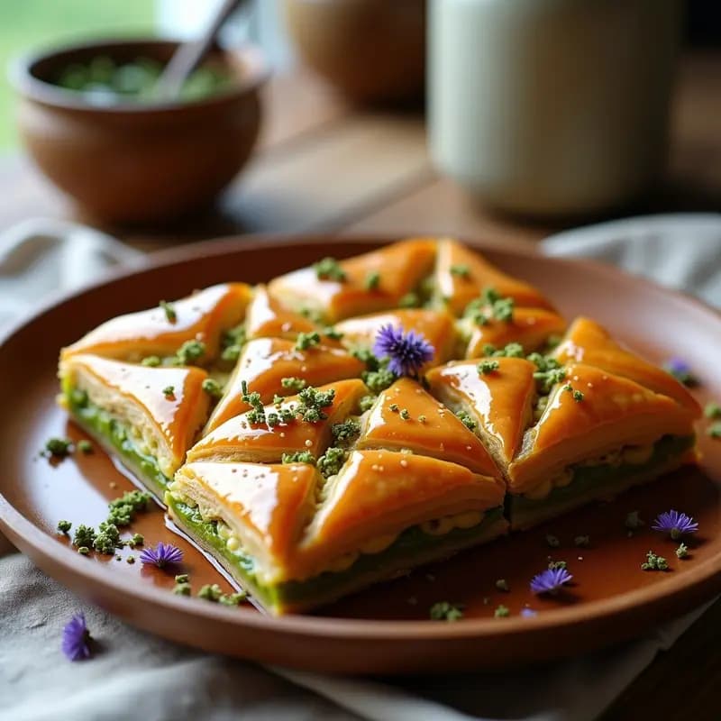 Baklava griego vegano de pistacho y miel de lavanda servido en bandeja de madera, con capas doradas y crujientes de masa filo, espolvoreado con pistachos picados y bañado en sirope brillante. Postre tradicional con toque floral.