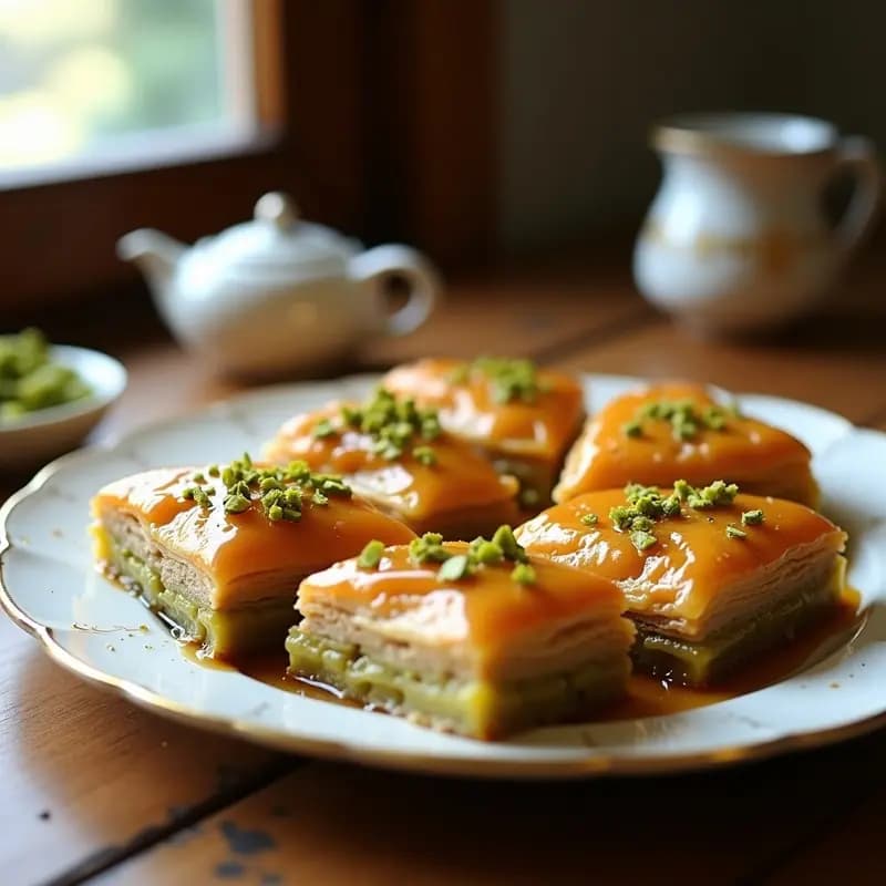 Bandeja dorada con baklava de pistacho y miel turco cortado en diamantes, capas crujientes de masa filo con almíbar brillante, decorado con pistachos picados y semillas de sésamo, fondo de textura rústica.