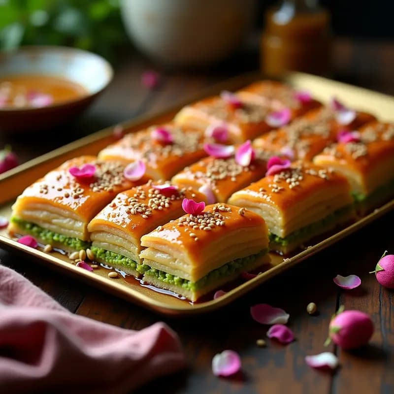 Bandeja dorada con baklava de pistacho y rosa turca cortado en diamantes, capas crujientes de filo con relleno verde de pistacho, bañado en almíbar brillante y decorado con pétalos de rosa comestibles y semillas de sésamo.