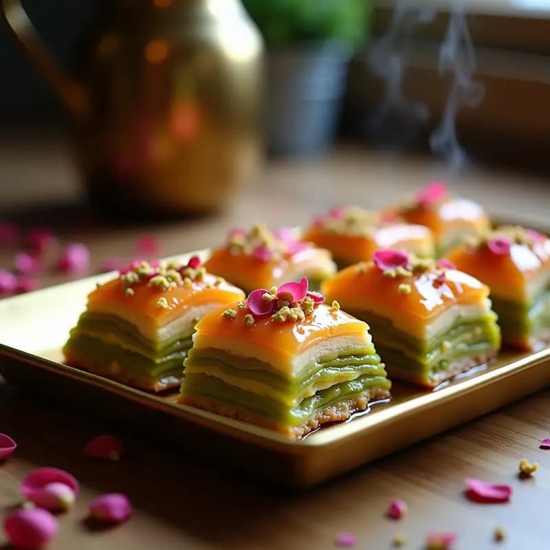 Bandeja dorada con baklava persa en forma de diamante, capas crujientes de masa filo con relleno de pistachos verdes, bañado en almíbar transparente y decorado con pétalos de rosa damasca y pistachos picados. Postre sin azúcar con edulcorante natural.