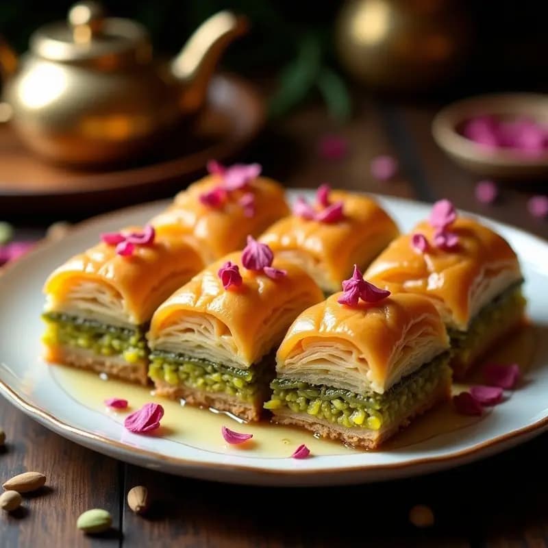 Bandeja dorada con baklava de pistachos y rosa cortado en rombos, bañado en almíbar de miel de agave y decorado con pétalos de rosa secos, sobre un fondo rústico de madera con hojas de menta.