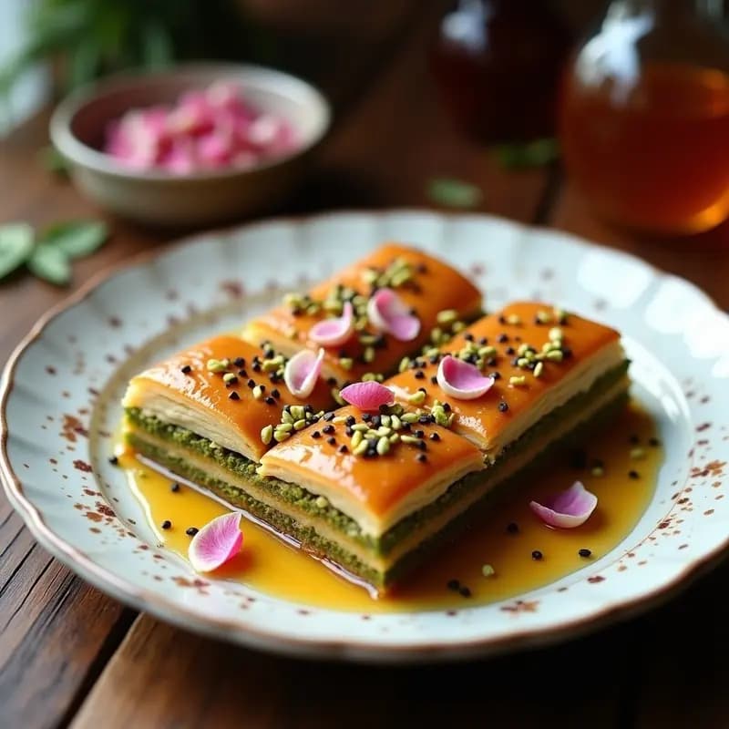 Baklava turco en porciones diamante sobre plato de cerámica blanca, con capas doradas y crujientes de masa filo, pistachos picados y pétalos de rosa. Bañado en miel de flores silvestres brillante y decorado con semillas de sésamo negro.