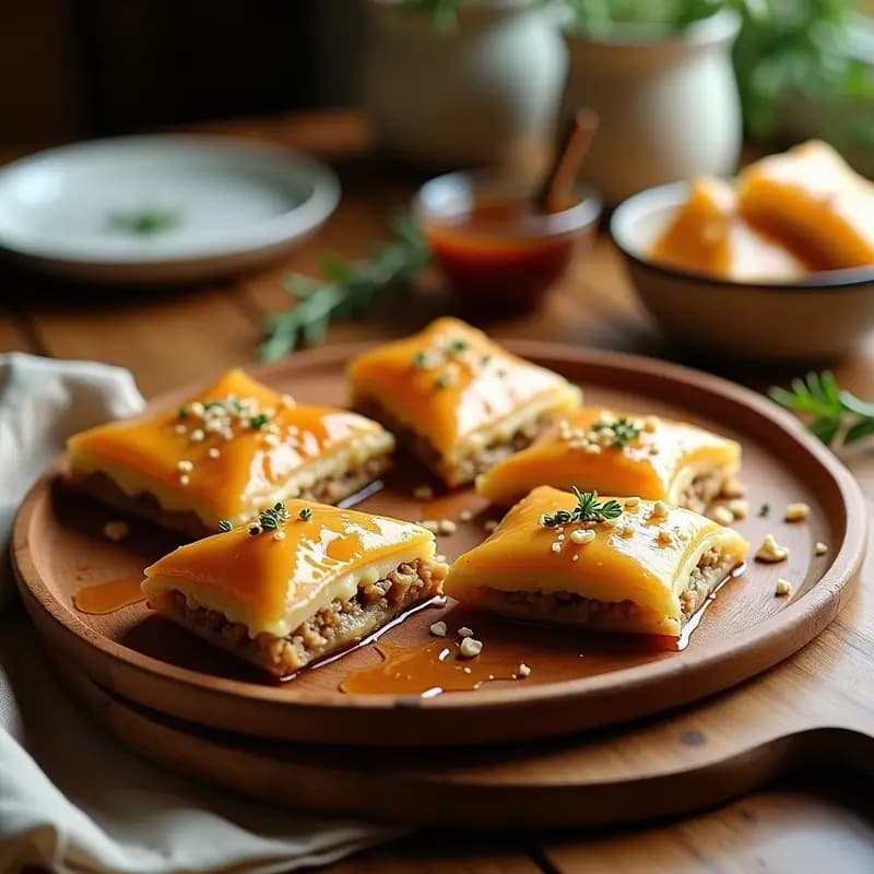 Baklava de queso feta y nueces cortado en porciones diamante, con capas doradas y crujientes de masa filo, relleno de queso feta desmenuzado y nueces picadas, bañado en almíbar brillante de miel de tomillo. Entrante griego dulce-salado sobre bandeja rústica de madera.
