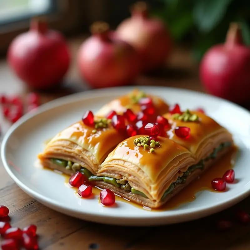Bandeja de baklava turco dorado cortado en diamantes, con capas visibles de masa filo crujiente, pistachos picados y semillas de granada rojas. Almíbar brillante de miel de granada cubriendo la superficie, servido en porción individual sobre plato blanco.