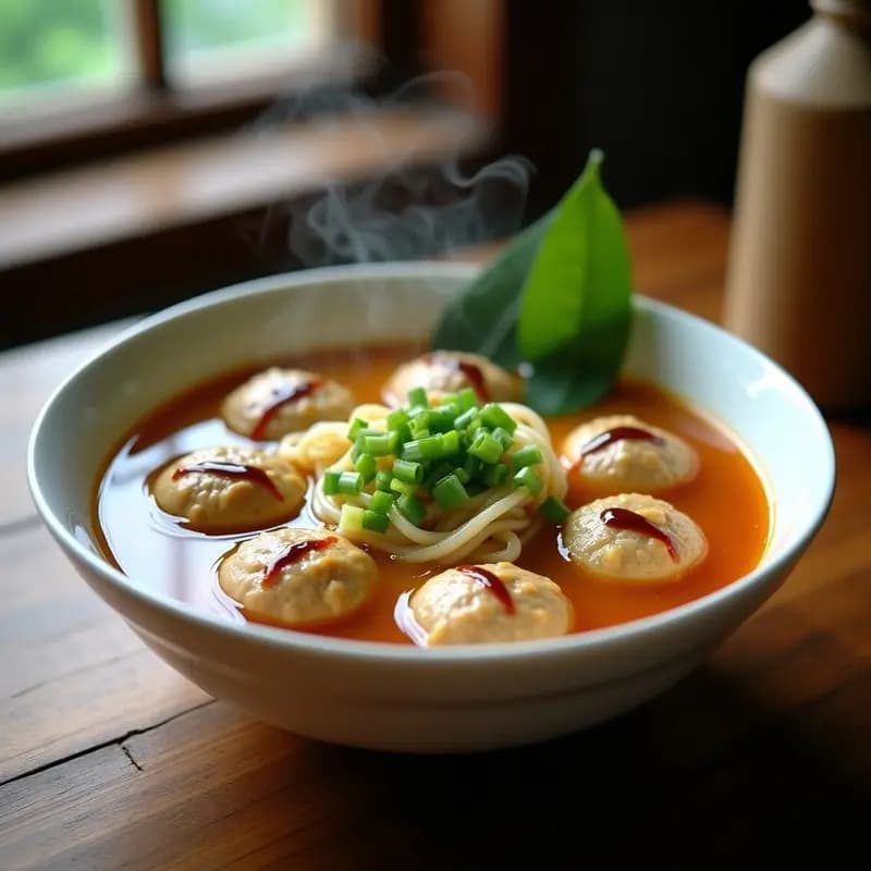 Cuenco hondo de cerámica blanca con Bakso Ayam: albóndigas de pollo doradas en caldo dorado de jengibre, fideos de arroz blancos, cebollino verde y hojas de limón kaffir flotando. Plato indonesio tradicional rápido y reconfortante.
