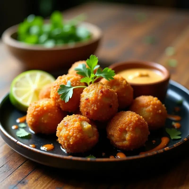 Plato de madera oscuro con Bakso Goreng de garbanzos vegano, albóndigas doradas y crujientes con textura rugosa, acompañadas de salsa de cacahuete espesa y decoradas con cilantro fresco y rodajas de limón sobre fondo rústico.