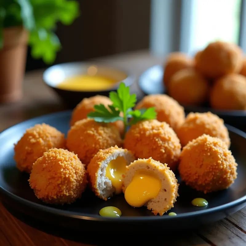Plato blanco con Bakso Goreng relleno de Queso Cheddar, albóndigas indonesias doradas y crujientes cortadas por la mitad mostrando el queso fundido en su interior, sobre fondo de madera rústica con hierbas frescas.