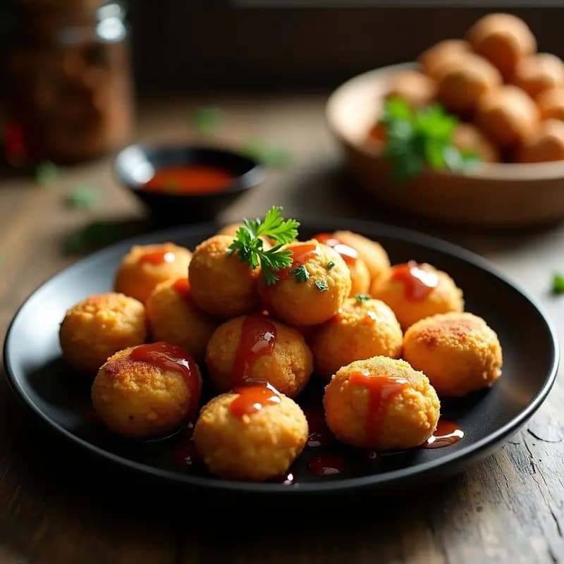 Plato blanco con Bakso Goreng doradas y crujientes, albóndigas indonesias de tofu y champiñones portobello, servidas sobre hojas de lechuga y decoradas con cilantro fresco, con un bol de salsa de cacahuete al lado.