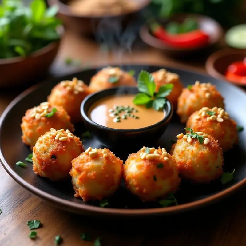 Plato de madera oscuro con albóndigas doradas de Bakso Goreng Indonesio de tofu y tempeh, crujientes por fuera y esponjosas por dentro, acompañadas de salsa de cacahuete espesa y decoradas con rodajas de chile rojo y hojas de corriander fresco.