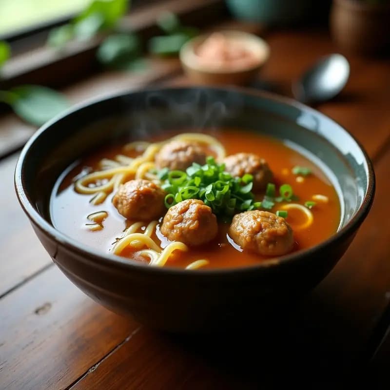 Bol hondo con Bakso Indonesia: albóndigas de ternera doradas en caldo aromático transparente, fideos de arroz blancos, rodajas de zanahoria y apio, decorado con cebollino y cilantro fresco.