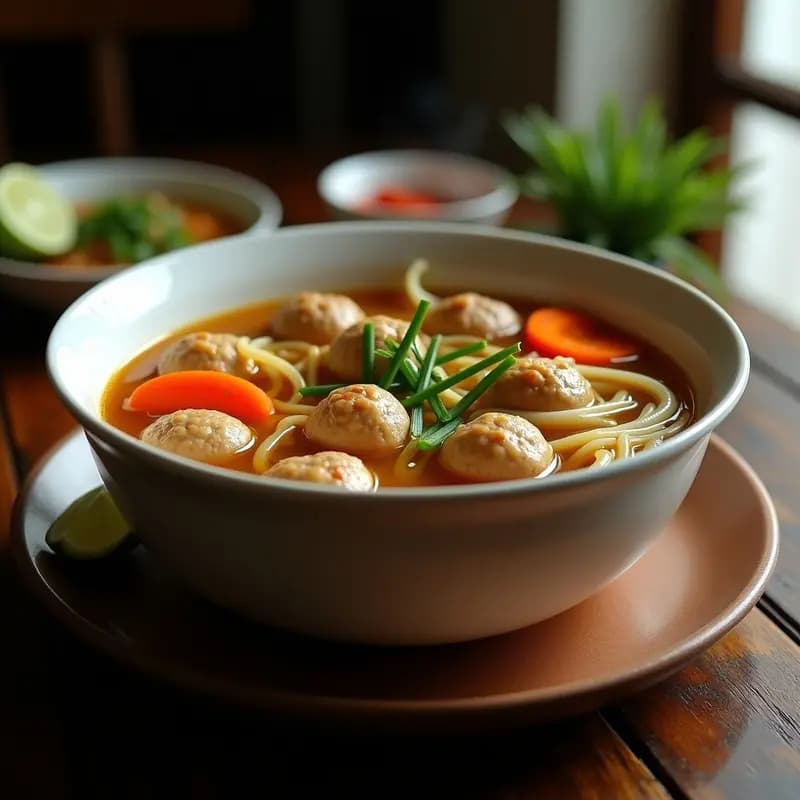 Olla lenta con sopa Bakso Indonesio: albóndigas de cerdo doradas flotando en un caldo aromático con fideos gruesos, rodajas de zanahoria, apio y cebolla morada, decorado con cebollino fresco y limón.