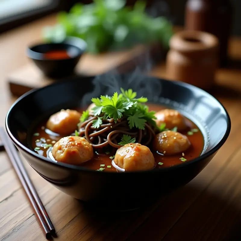 Bowl hondo de cerámica negra con Bakso Indonecio de carne molida y fideos soba, albóndigas doradas en caldo aromático espeso, fideos soba marrones en espiral, decorado con cebollino y cilantro fresco, chorrito de aceite de sésamo brillante.
