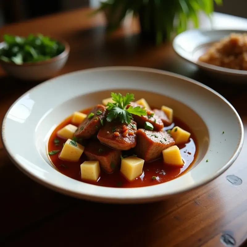 Plato hondo de cerámica oscura con albóndigas doradas de carne y tofu bañadas en salsa de cacahuete picante de color marrón cremoso, decorado con cilantro fresco y cebollino picado. Fondo con arroz blanco y rodajas de limón.