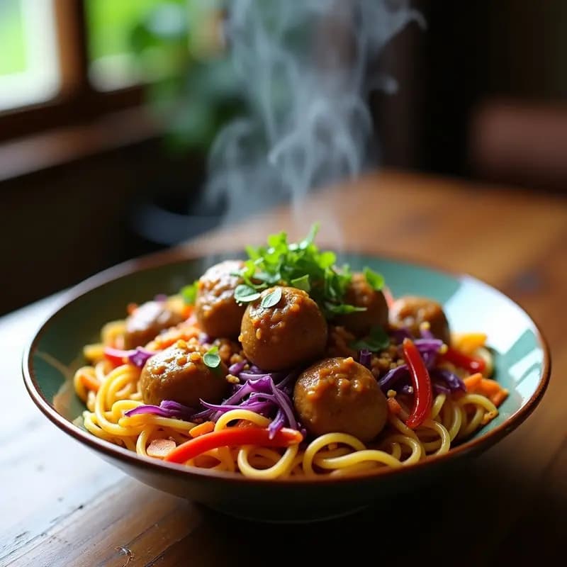 Plato hondo de cerámica negra con Bakso Malang: albóndigas doradas, fideos de huevo amarillos, repollo morado, zanahoria y apio bañados en una salsa espesa de cacahuete picante. Decorado con cebollino fresco y cacahuetes tostados, servido con rodajas de lima al lado.