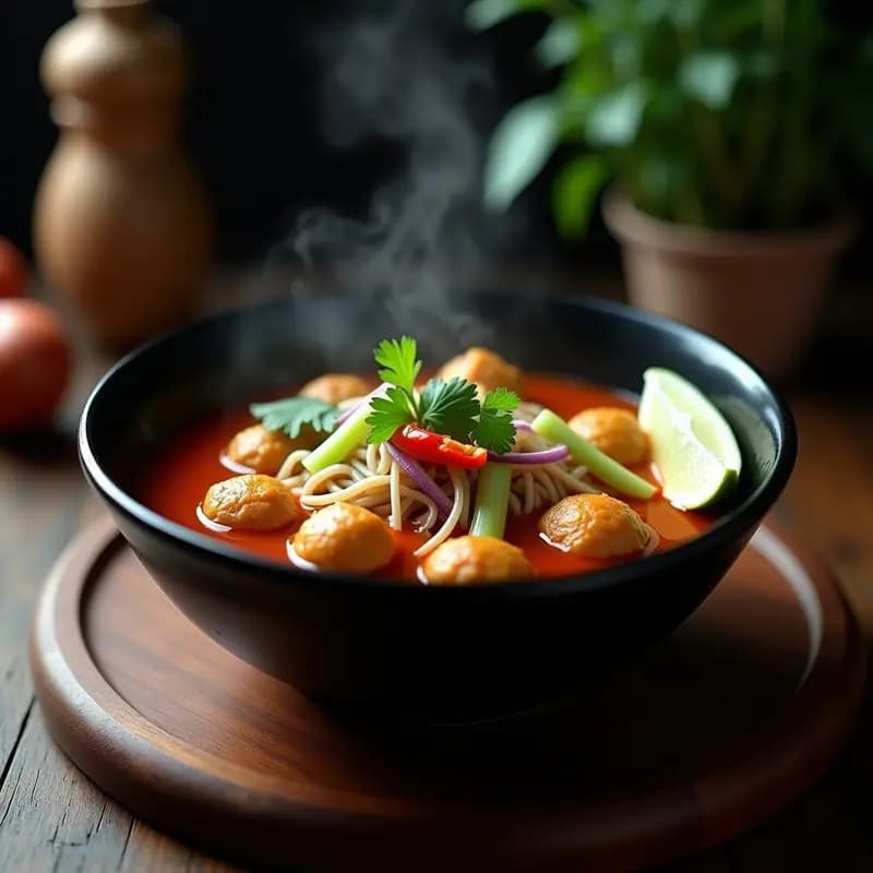 Cuenco hondo de cerámica negra con Bakso Indonesio de pollo y tofu con fideos de arroz en sopa picante, decorado con cilantro fresco, rodajas de chile rojo y limón. Albóndigas doradas flotando en un caldo aromático con trozos de apio y cebolla morada, sobre una mesa de madera rústica.