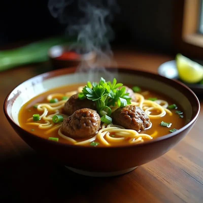 Plato hondo con Bakso de Res en caldo dorado, albóndigas jugosas de carne, fideos de trigo, trozos de apio verde y cebollino picado, receta indonesia tradicional.