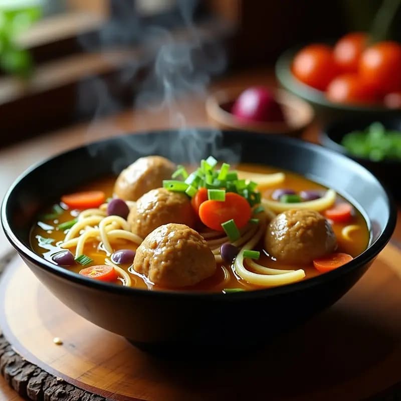 Bowl profundo con sopa humeante de Bakso de Res, albóndigas doradas de carne de res flotando en caldo dorado, fideos gruesos, zanahoria en rodajas, repollo y cebolla verde. Plato tradicional indonesio reconfortante.