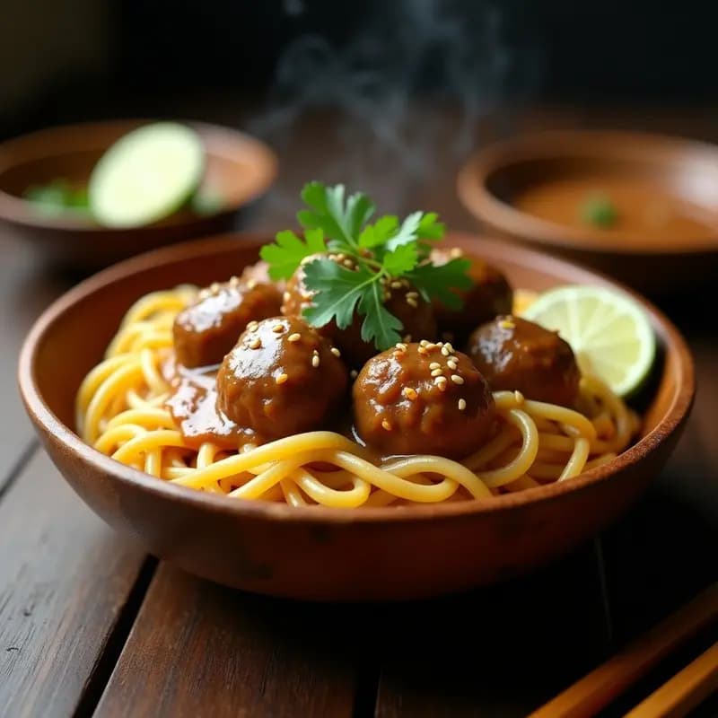 Bol hondo con fideos de trigo amarillos, albóndigas de carne indonesias (bakso) bañadas en salsa satay cremosa de color beige, decoradas con cilantro fresco y semillas de sésamo, sobre fondo rústico de madera.