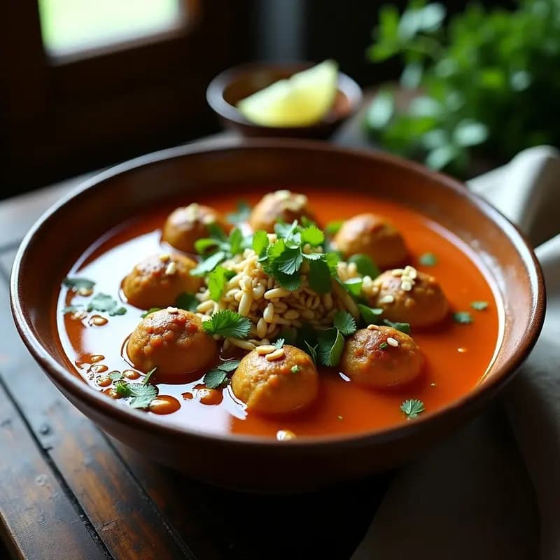 Bowl hondo de cerámica negra con albóndigas indoneas veganas de tempeh y champiñones en caldo picante, fideos de arroz, cebollino fresco y rodajas de lima. Receta de Bakso vegano.