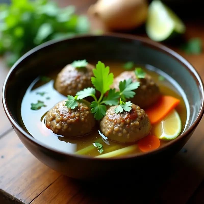 Cuenco hondo de cerámica negra con bakso de ternera en caldo de jengibre y cilantro, albóndigas doradas flotando en un caldo aromático con fideos de arroz, decorado con cilantro fresco y rodajas de limón, receta indonesia alta en proteína.