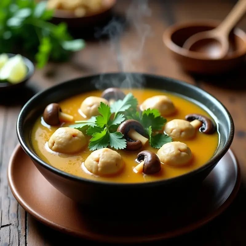 Cuenco hondo de cerámica oscura con Bakso de Tofu y Champiñones en caldo de jengibre dorado, albóndigas esponjosas, champiñones shiitake enteros y cilantro fresco. Receta indonesia vegana reconfortante.