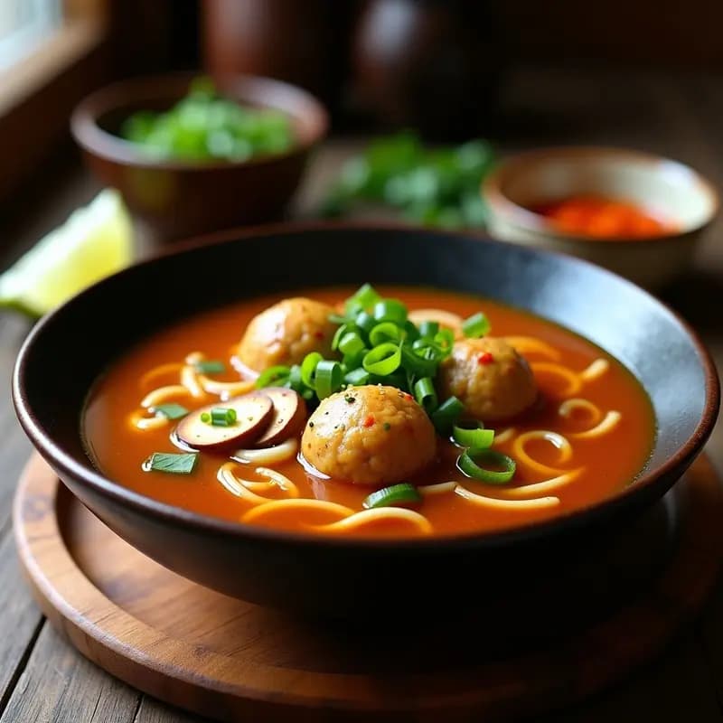 Cuenco hondo de cerámica oscura con Bakso Indonesian de tofu y setas, albóndigas doradas en sopa de fideos de arroz, caldo ámbar con tamarindo, decorado con cebollino fresco, láminas de setas shiitake y un hilo de aceite de sésamo. Fondo de madera rústica con rodajas de lima al lado.