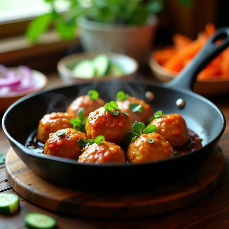 Albóndigas veganas de bakso de tofu y verduras doradas en sartén de hierro, bañadas en salsa de soya dulce oscura y brillante, acompañadas de rodajas de pepino y cebolla morada. Receta indonesia vegana y jugosa.