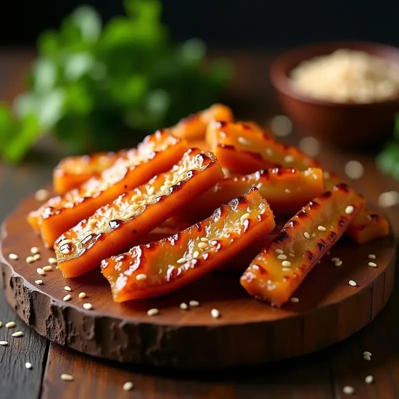 Bakwa de cerdo en airfryer: trozos de lomo de cerdo dorados y crujientes, bañados en glaseado brillante de miel y espolvoreados con semillas de sésamo tostado, servidos en plato blanco con hierbas frescas de fondo.