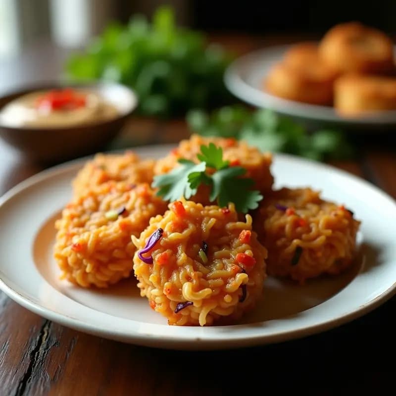 Plato blanco con bakwan indonesio vegano de fideos de arroz y tofu fritos, dorados y crujientes, servidos con salsa de cacahuete y cilantro fresco. Receta tradicional indonesia adaptada a versión vegana.