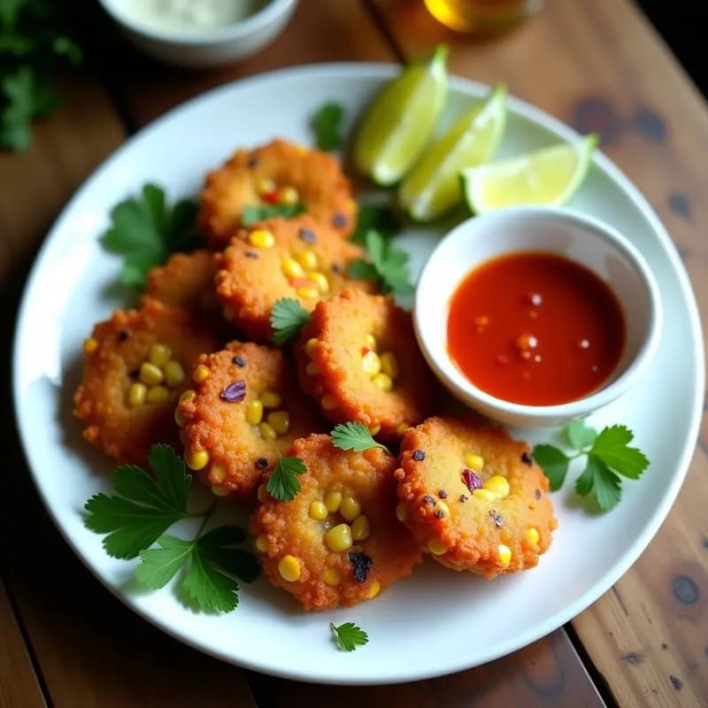 Plato blanco con Bakwan Jagung doradas y crujientes, croquetas de maíz indonesias, acompañadas de un bol pequeño con salsa sambal roja picante, decorado con hojas de cilantro fresco y rodajas de limón. Foto en ángulo cenital con fondo rústico de madera.