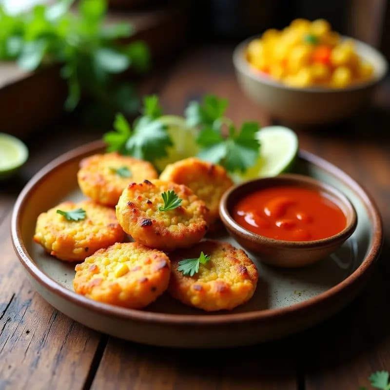 Plato de Bakwan Jagung, tortitas de maíz indonasias doradas y crujientes, servidas con salsa de chile y lima en un cuenco pequeño, decoradas con cilantro fresco y rodajas de lima sobre fondo rústico.