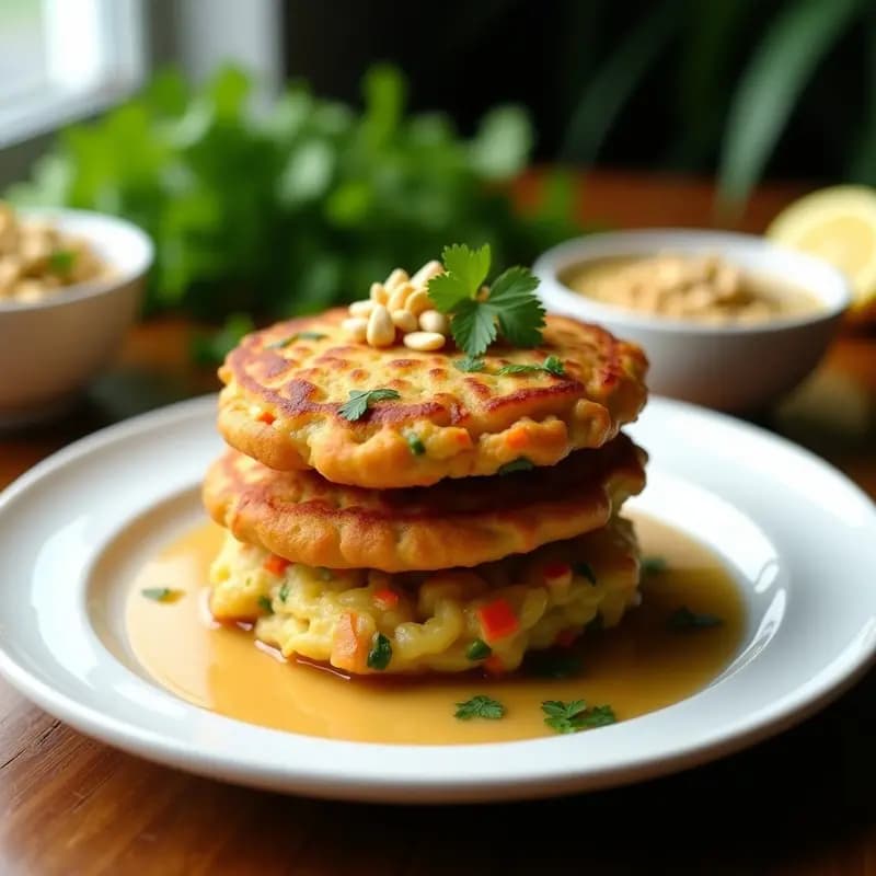 Plato blanco con tortitas Bakwan Sayur doradas y crujientes, apiladas con elegancia, acompañadas de un bol pequeño con salsa de cacahuete y limón de color crema. Decorado con hojas de cilantro fresco y rodajas de limón al fondo.
