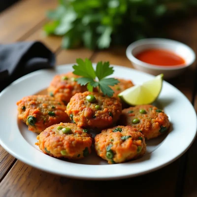 Plato de cerámica negra con tortitas doradas y crujientes de Bakwan Sayur indonesio, acompañadas de un bol pequeño de salsa picante de cacahuete y tamarindo. Decoración con rodajas de limón y hojas de cilantro fresco sobre fondo de madera rústica.