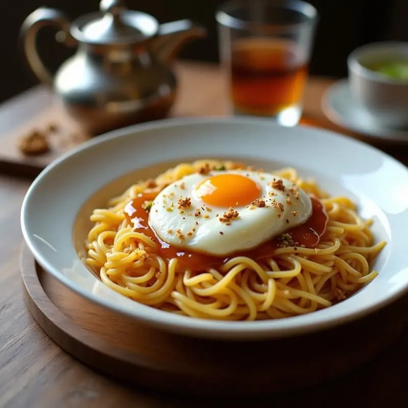 Plato hondo de cerámica blanca con Balaleet Emirati: vermicelli dorado horneado en capas, coronado con huevo escalfado de yema líquida, bañado en miel de dátiles y espolvoreado con pistacho picado y hebras de azafrán. Fondo con textura de madera rústica y té de menta al lado.
