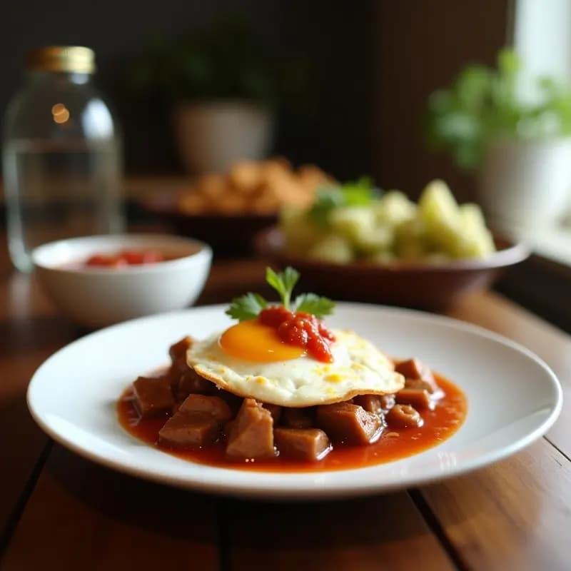 Plato de Balut Adobo filipino: huevo fertilizado de pato cortado a la mitad sobre un lecho de salsa adobo oscura y brillante, decorado con cilantro fresco y rodajas de ají labuyo. Acompañado de arroz blanco al vapor en un bol de cerámica tradicional.