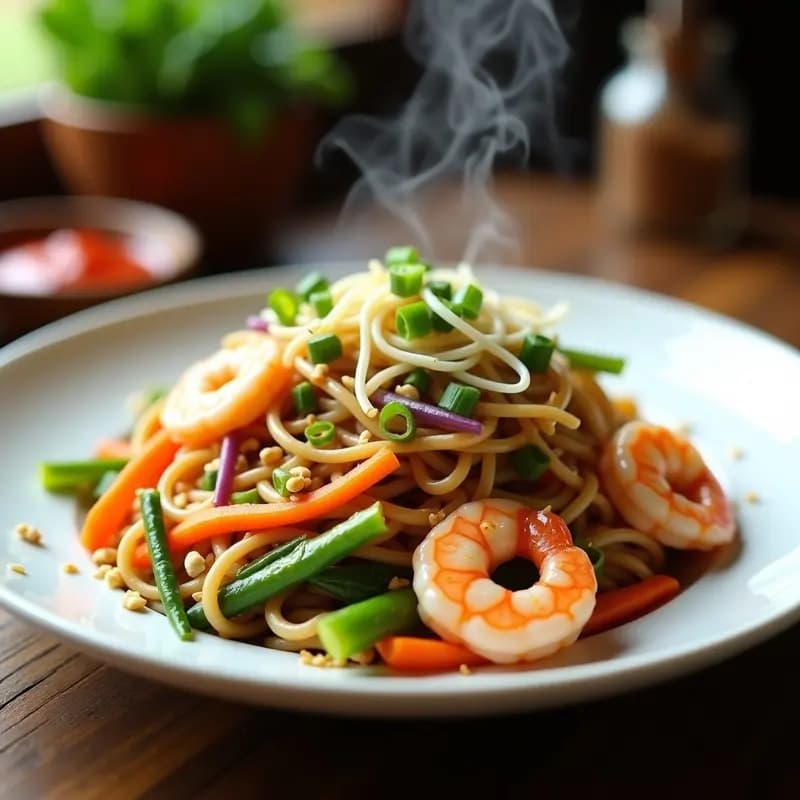 Plato hondo de cerámica negra con Bami Goreng de camarones y verduras indonesio, fideos de huevo dorados salteados con camarones rosados, zanahoria naranja, pimiento rojo y brotes de soja, decorado con cebollino verde y gajos de limón al lado.