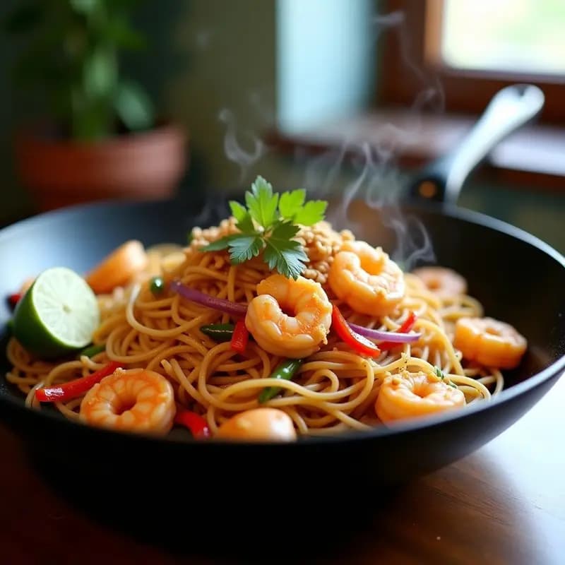 Plato de Bami Goreng indonesio con fideos de arroz dorados, gambas rosadas salteadas, verduras coloridas y huevo revuelto, servido en un wok negro con cebollino fresco y rodaja de limón.